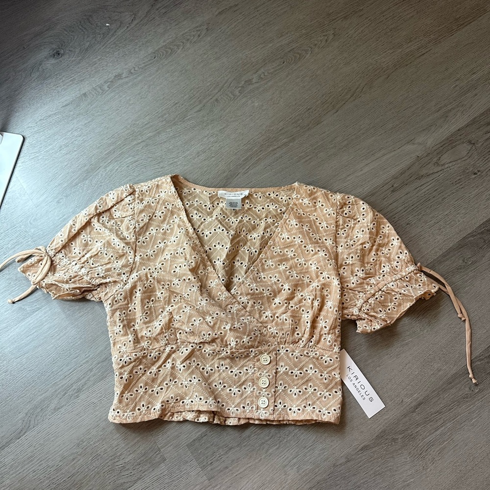 Chic Eyelet Wrap Blouse in Tan